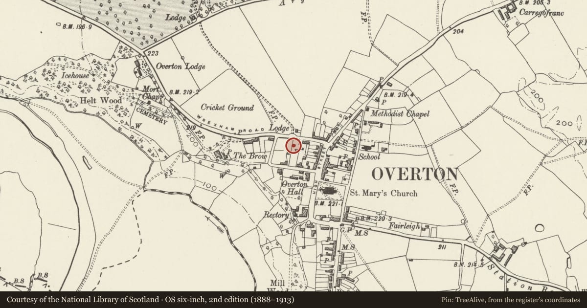 Ordnance Survey six-inch map, 2nd edition (1888–1913) covering the location of Park View, Overton, Wrexham, with a pin at the register's coordinates