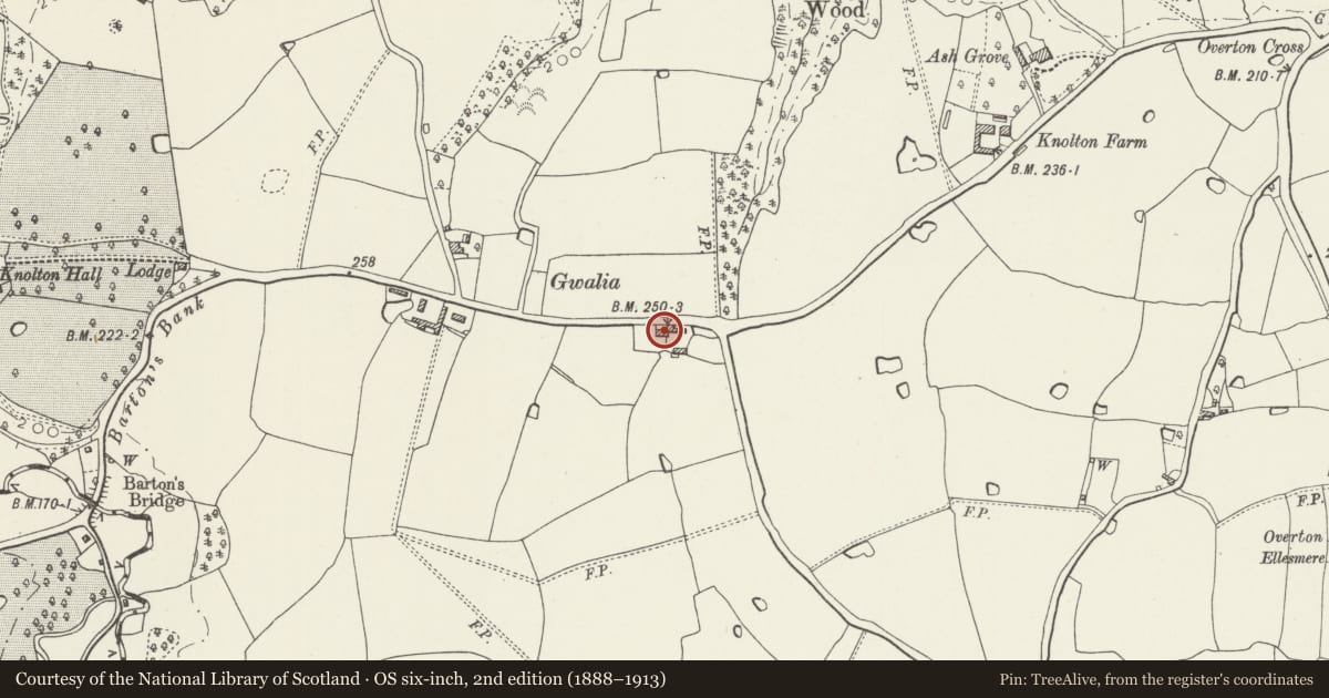 Ordnance Survey six-inch map, 2nd edition (1888–1913) covering the location of Gwalia Farmhouse, Overton, Wrexham, with a pin at the register's coordinates