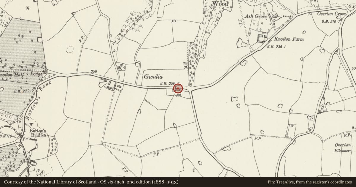 Ordnance Survey six-inch map, 2nd edition (1888–1913) covering the location of Byre/Stable Range at Gwalia Farm, Overton, Wrexham, with a pin at the register's coordinates