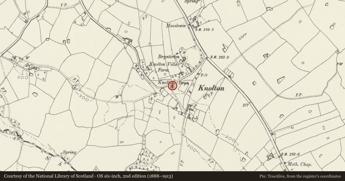 Ordnance Survey six-inch map, 2nd edition (1888–1913) covering the location of Knolton Mission Church, Overton, Wrexham, with a pin at the register's coordinates
