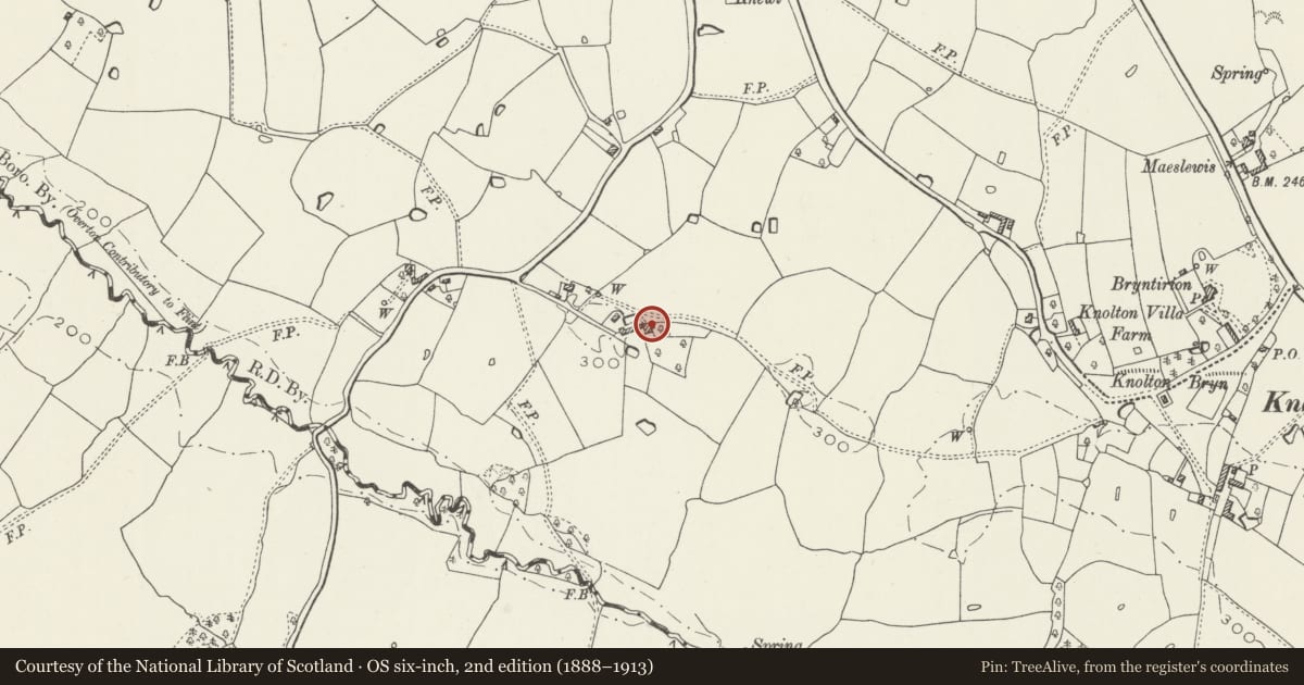 Ordnance Survey six-inch map, 2nd edition (1888–1913) covering the location of Top Farmhouse, Overton, Wrexham, with a pin at the register's coordinates