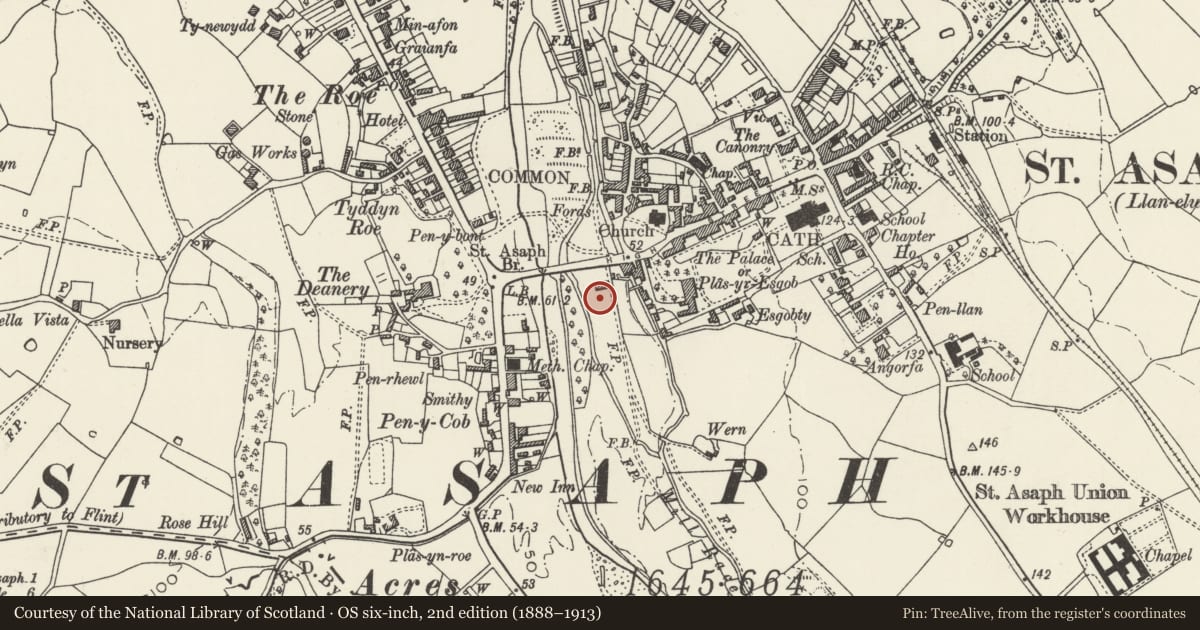 Ordnance Survey six-inch map, 2nd edition (1888–1913) covering the location of Railings & Boundary Walls to St. Kentigern & St. Asaph Parish Church, Denbighshire, with a pin at the register's coordinates
