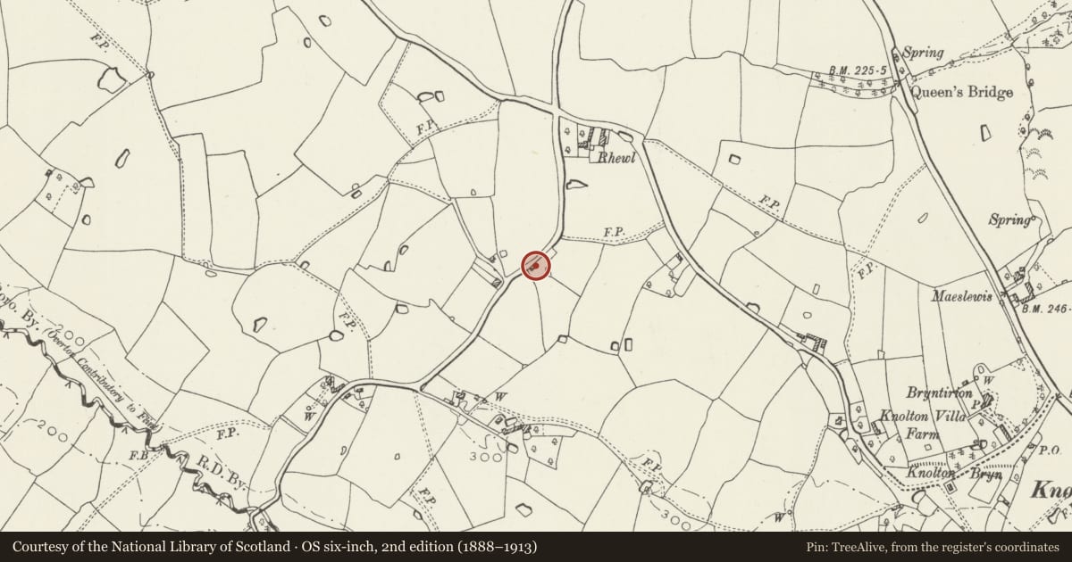 Ordnance Survey six-inch map, 2nd edition (1888–1913) covering the location of The Homestead, Overton, Wrexham, with a pin at the register's coordinates