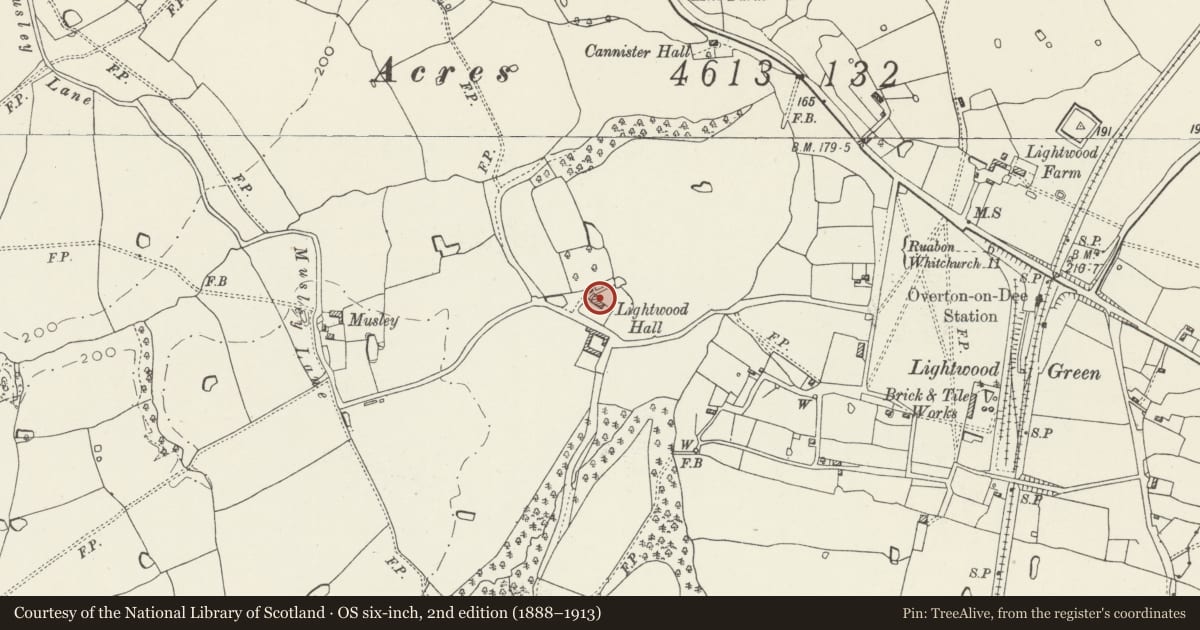 Ordnance Survey six-inch map, 2nd edition (1888–1913) covering the location of Lightwood Hall Farmhouse, Overton, Wrexham, with a pin at the register's coordinates