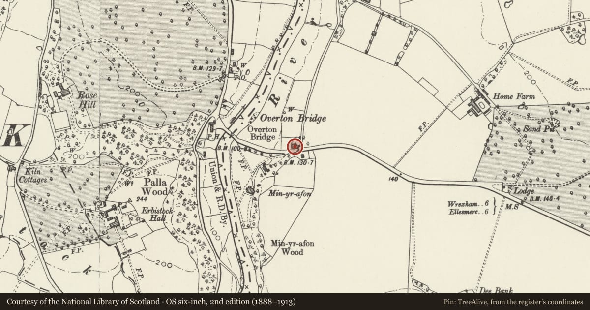 Ordnance Survey six-inch map, 2nd edition (1888–1913) covering the location of Gwaylod House, Overton, Wrexham, with a pin at the register's coordinates