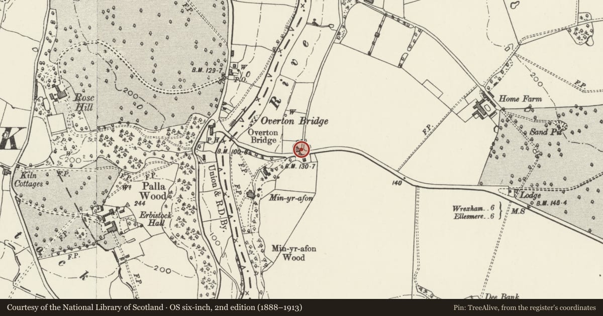 Ordnance Survey six-inch map, 2nd edition (1888–1913) covering the location of Outbuildings to Gwaylod House, Overton, Wrexham, with a pin at the register's coordinates