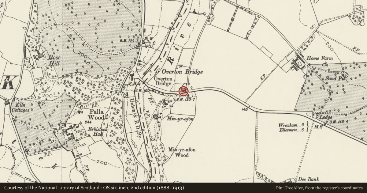 Ordnance Survey six-inch map, 2nd edition (1888–1913) covering the location of Railings to forecourt of Gwaylod House, Overton, Wrexham, with a pin at the register's coordinates