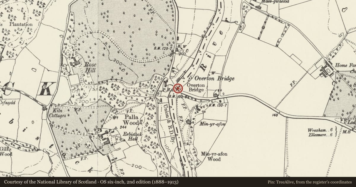 Ordnance Survey six-inch map, 2nd edition (1888–1913) covering the location of Overton Bridge, Wrexham, with a pin at the register's coordinates