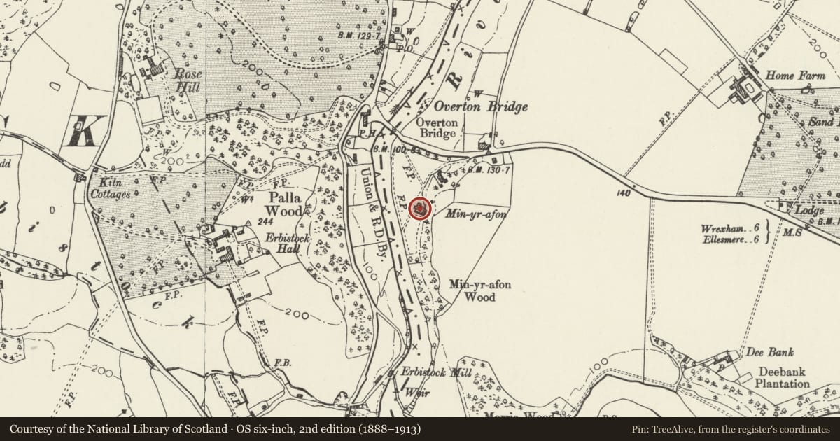 Ordnance Survey six-inch map, 2nd edition (1888–1913) covering the location of Min-Yr-Afon, Overton, Wrexham, with a pin at the register's coordinates