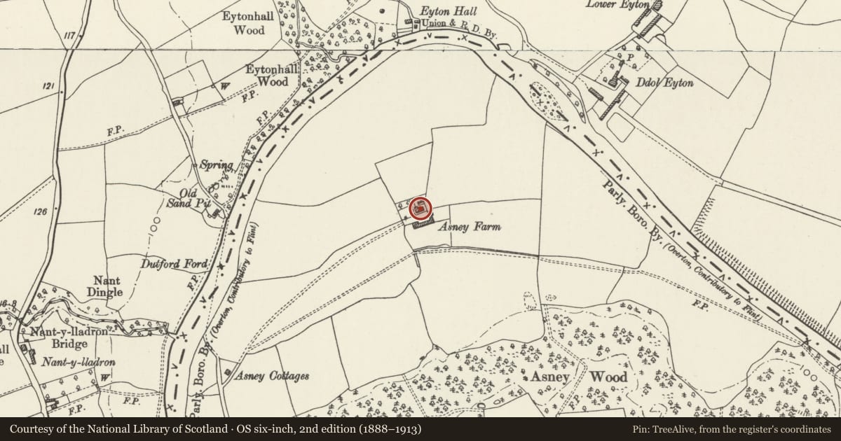 Ordnance Survey six-inch map, 2nd edition (1888–1913) covering the location of Asney Park Farmhouse, Overton, Wrexham, with a pin at the register's coordinates