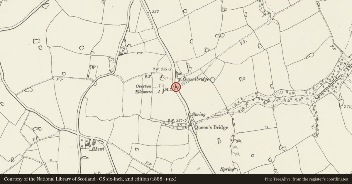 Ordnance Survey six-inch map, 2nd edition (1888–1913) covering the location of Mile Post opposite drive to Queensbridge, Overton, Wrexham, with a pin at the register's coordinates