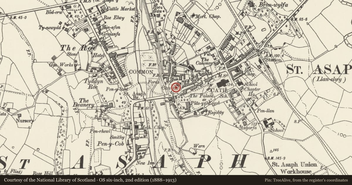 Ordnance Survey six-inch map, 2nd edition (1888–1913) covering the location of Sundial in the Churchyard to St .Kentigern & St .Asaph Parish Church, St. Asaph, Denbighshire, with a pin at the register's coordinates