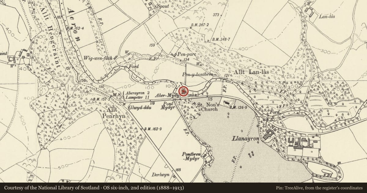Ordnance Survey six-inch map, 2nd edition (1888–1913) covering the location of Abermydr, Ciliau Aeron, Ceredigion, with a pin at the register's coordinates