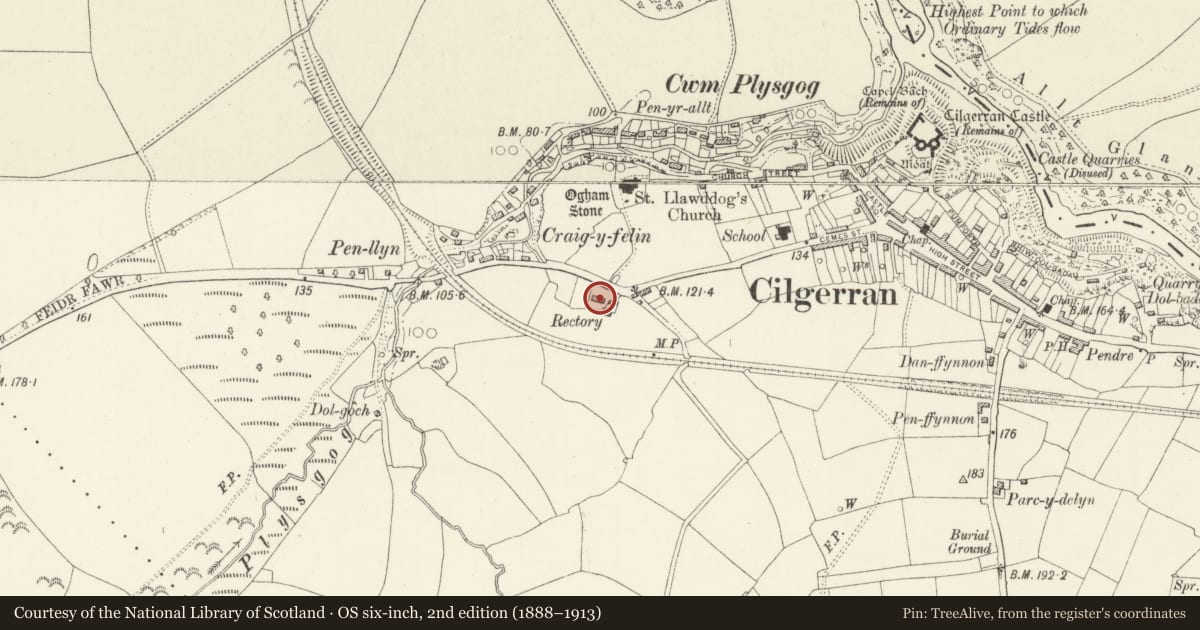 Ordnance Survey six-inch map, 2nd edition (1888–1913) covering the location of The Rectory, Cilgerran, Pembrokeshire, with a pin at the register's coordinates