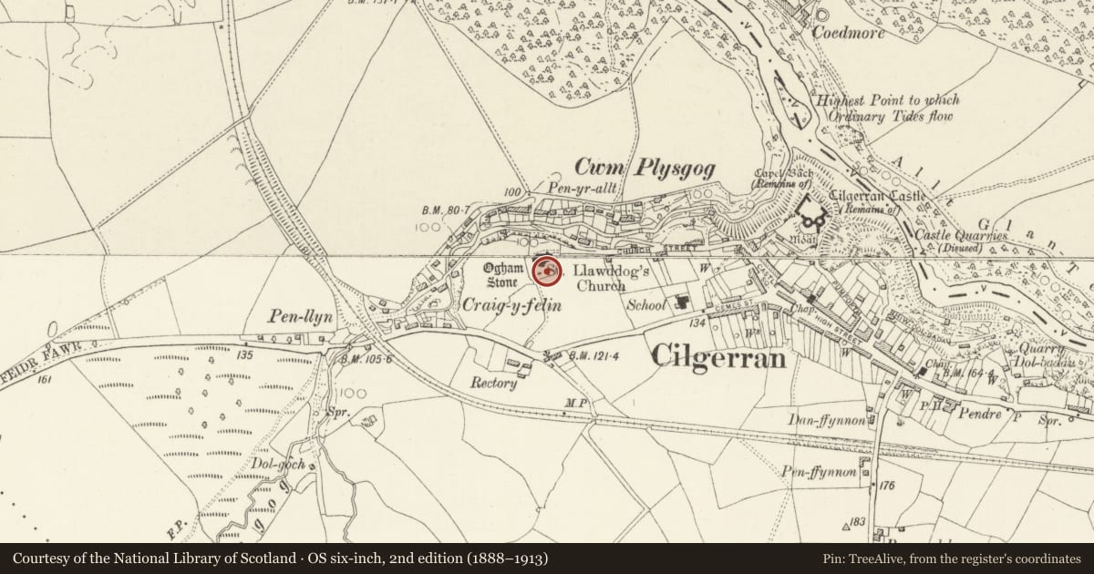 Ordnance Survey six-inch map, 2nd edition (1888–1913) covering the location of Gower and Logan Memorial in Churchyard, Cilgerran, Pembrokeshire, with a pin at the register's coordinates