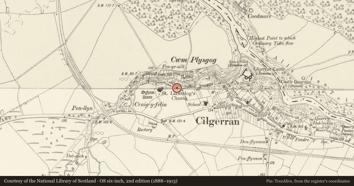 Ordnance Survey six-inch map, 2nd edition (1888–1913) covering the location of Churchyard Gates and Piers, Cilgerran, Pembrokeshire, with a pin at the register's coordinates
