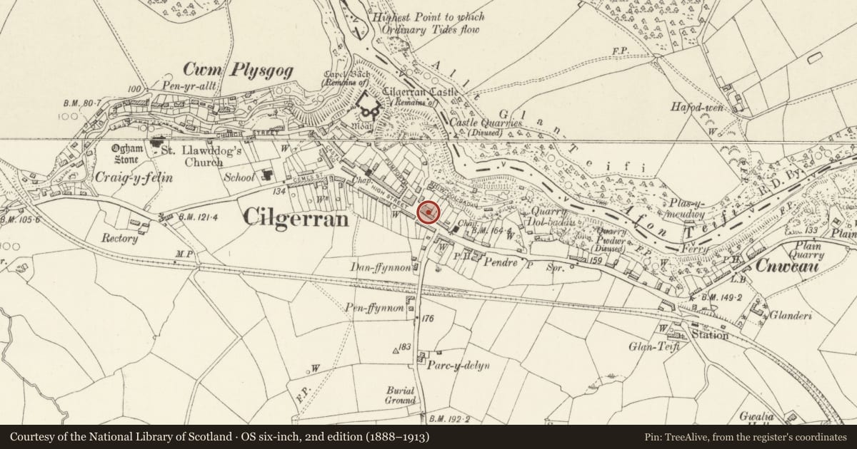 Ordnance Survey six-inch map, 2nd edition (1888–1913) covering the location of Angorfa, Cilgerran, Pembrokeshire, with a pin at the register's coordinates