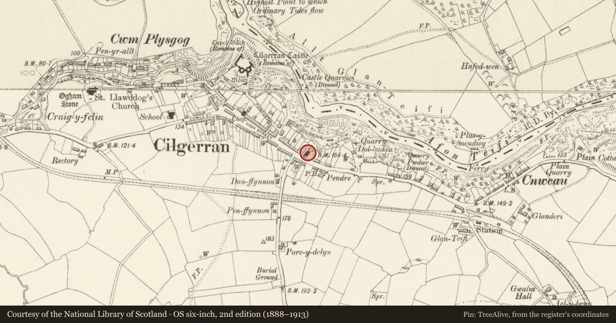 Ordnance Survey six-inch map, 2nd edition (1888–1913) covering the location of Penuel Baptist Chapel, Cilgerran, Pembrokeshire, with a pin at the register's coordinates