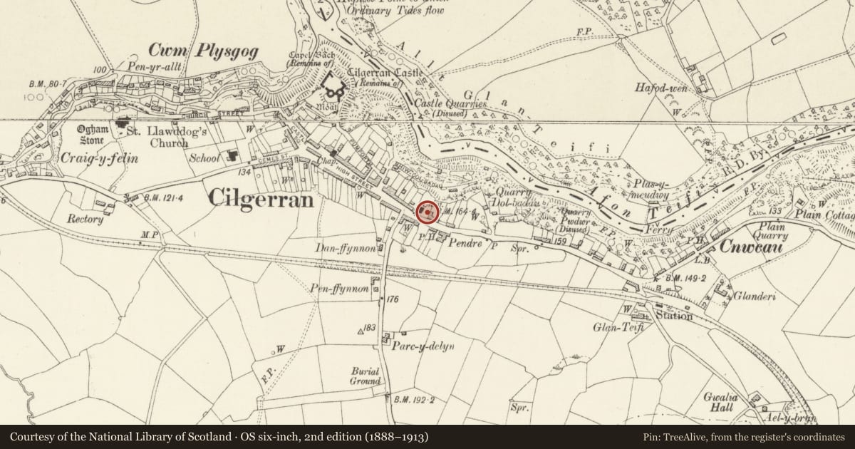 Ordnance Survey six-inch map, 2nd edition (1888–1913) covering the location of Vestry and Forecourt Railings, Cilgerran, Pembrokeshire, with a pin at the register's coordinates