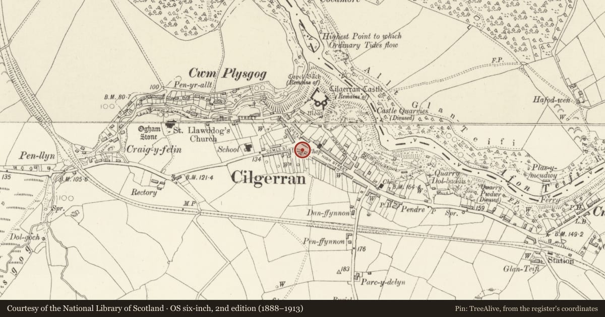 Ordnance Survey six-inch map, 2nd edition (1888–1913) covering the location of The Cardiff Arms Inn, Cilgerran, Pembrokeshire, with a pin at the register's coordinates
