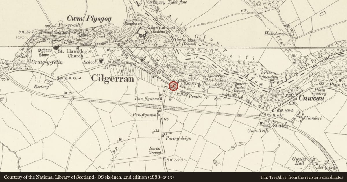 Ordnance Survey six-inch map, 2nd edition (1888–1913) covering the location of Oakleigh, Cilgerran, Pembrokeshire, with a pin at the register's coordinates