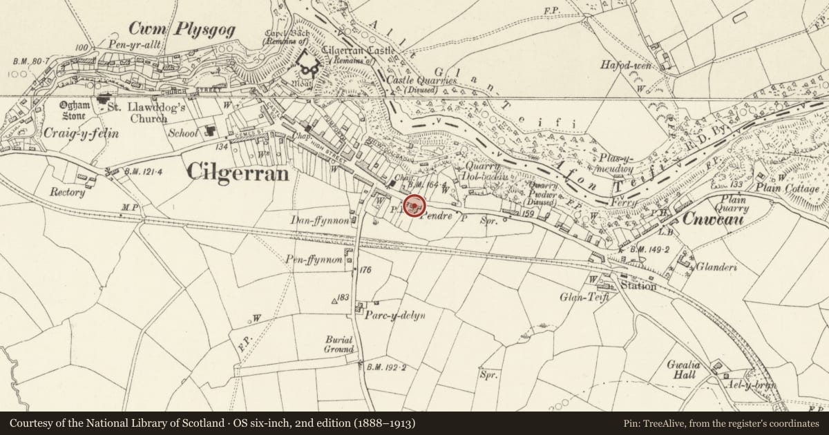 Ordnance Survey six-inch map, 2nd edition (1888–1913) covering the location of The Pendre Inn, Cilgerran, Pembrokeshire, with a pin at the register's coordinates