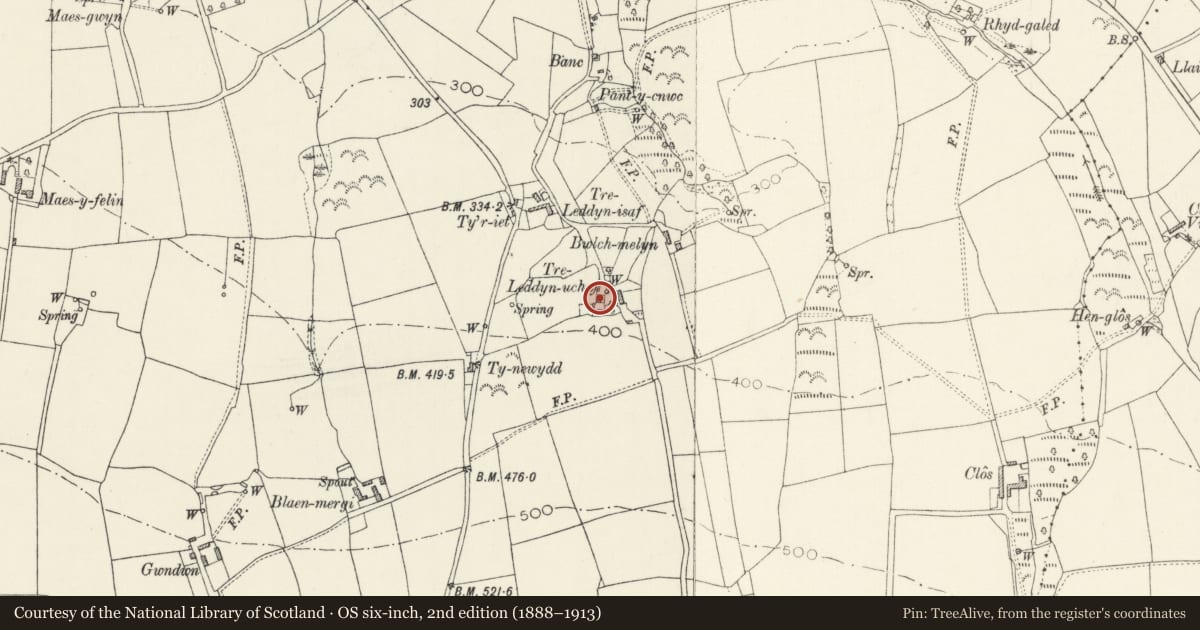 Ordnance Survey six-inch map, 2nd edition (1888–1913) covering the location of Treleddyn Uchaf, Cilgerran, Pembrokeshire, with a pin at the register's coordinates