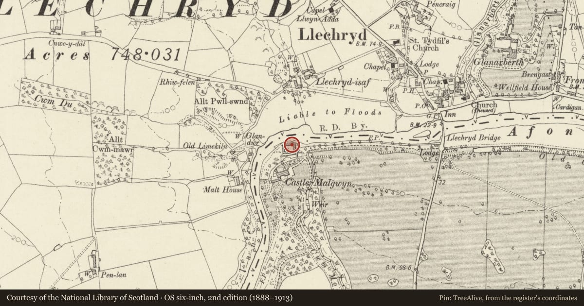 Ordnance Survey six-inch map, 2nd edition (1888–1913) covering the location of The Stables, Cilgerran, Pembrokeshire, with a pin at the register's coordinates