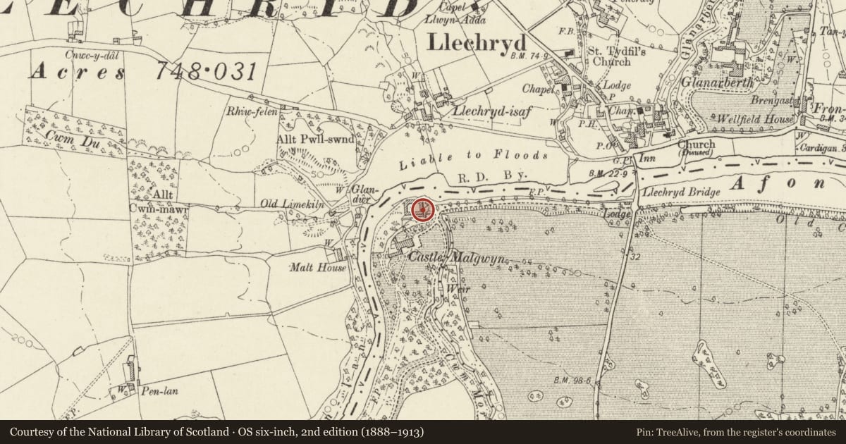 Ordnance Survey six-inch map, 2nd edition (1888–1913) covering the location of Courtyard with Gatepiers, Cilgerran, Pembrokeshire, with a pin at the register's coordinates