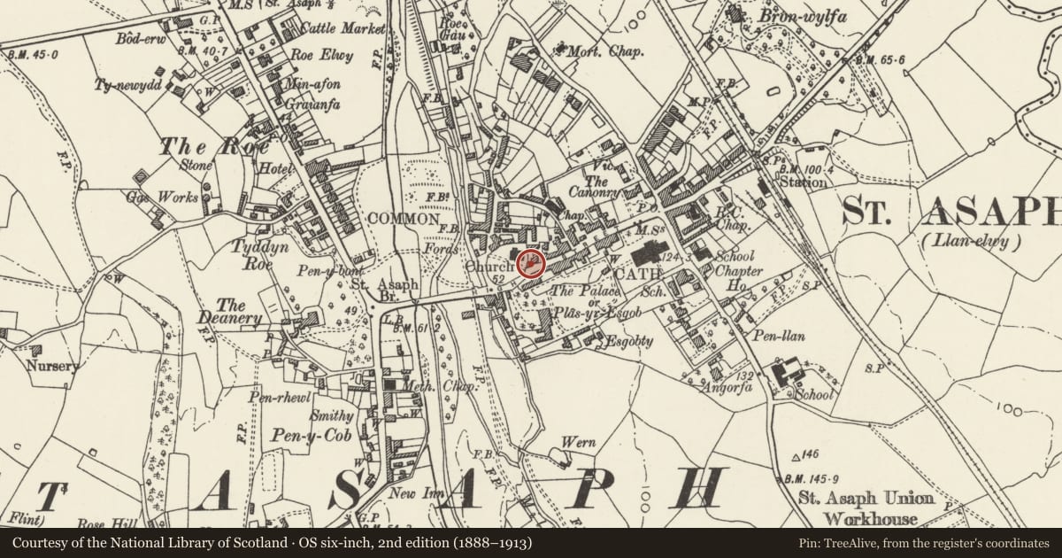 Ordnance Survey six-inch map, 2nd edition (1888–1913) covering the location of Greengrocer's Shop, St. Asaph, Denbighshire, with a pin at the register's coordinates