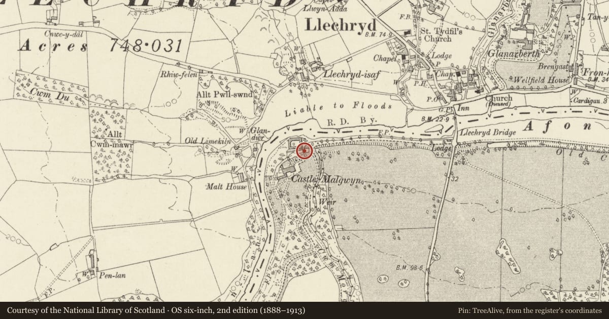 Ordnance Survey six-inch map, 2nd edition (1888–1913) covering the location of 2nd Bridge NE of Hotel, Cilgerran, Pembrokeshire, with a pin at the register's coordinates
