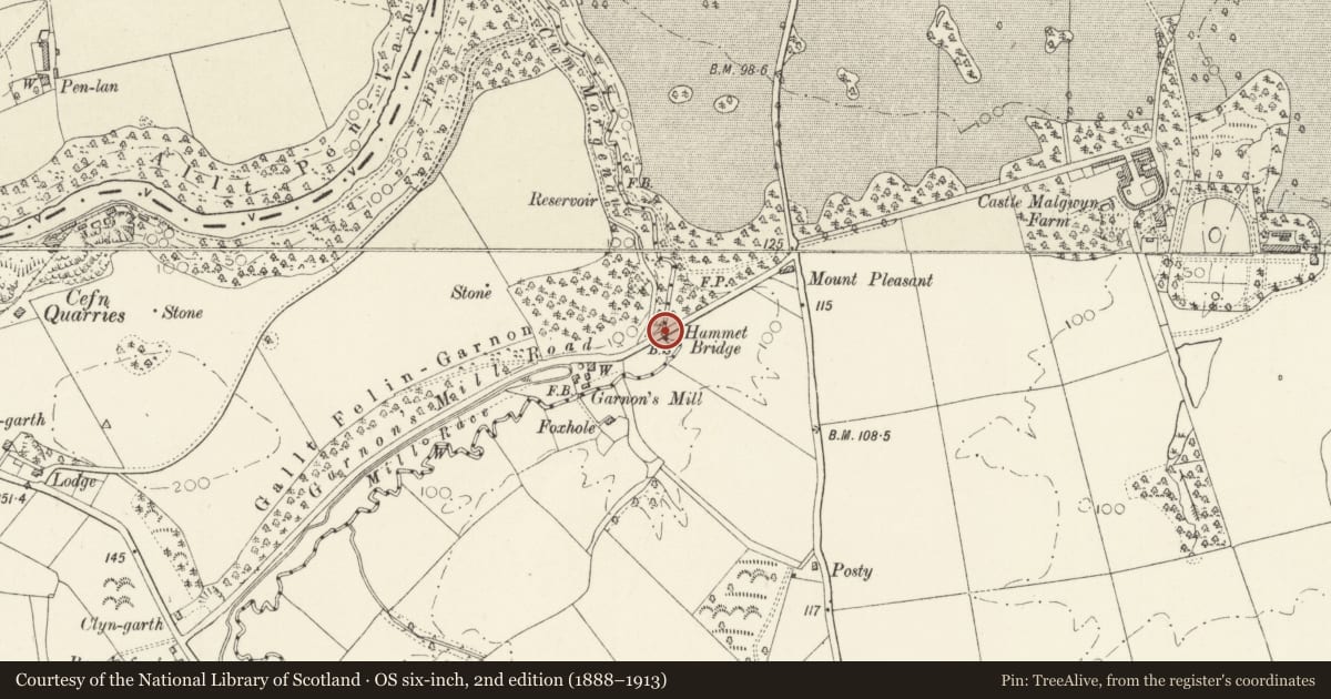 Ordnance Survey six-inch map, 2nd edition (1888–1913) covering the location of Hammet Bridge, Cilgerran, Pembrokeshire, with a pin at the register's coordinates