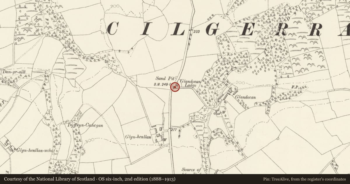 Ordnance Survey six-inch map, 2nd edition (1888–1913) covering the location of Gatepiers, Gates and Railings at Glandovan Lodge, Cilgerran, Pembrokeshire, with a pin at the register's coordinates