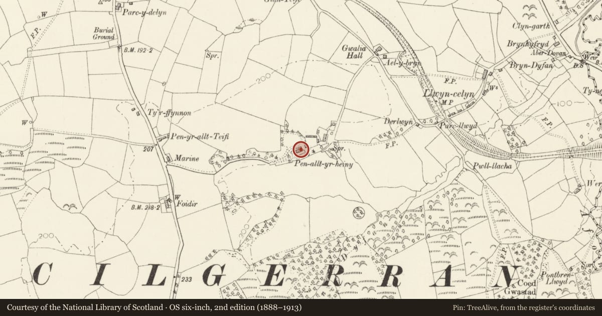 Ordnance Survey six-inch map, 2nd edition (1888–1913) covering the location of Alltyrheini, Cilgerran, Pembrokeshire, with a pin at the register's coordinates