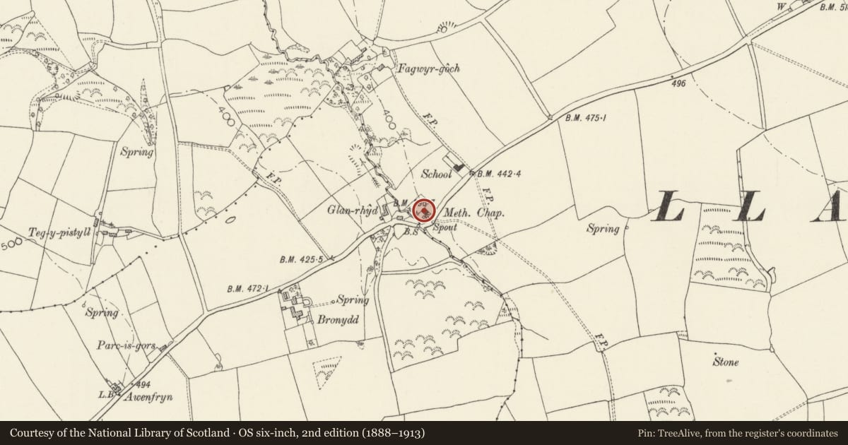 Ordnance Survey six-inch map, 2nd edition (1888–1913) covering the location of Glanrhyd Chapel including Area Railings, Cilgerran, Pembrokeshire, with a pin at the register's coordinates
