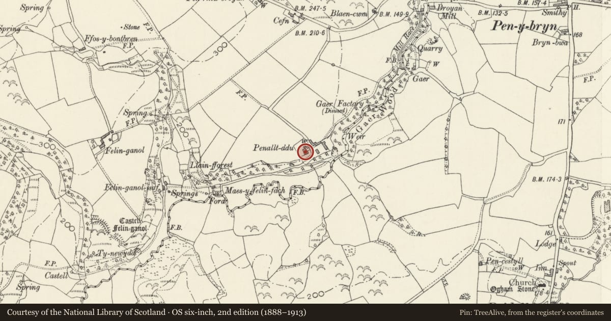 Ordnance Survey six-inch map, 2nd edition (1888–1913) covering the location of Penralltddu, Cilgerran, Pembrokeshire, with a pin at the register's coordinates