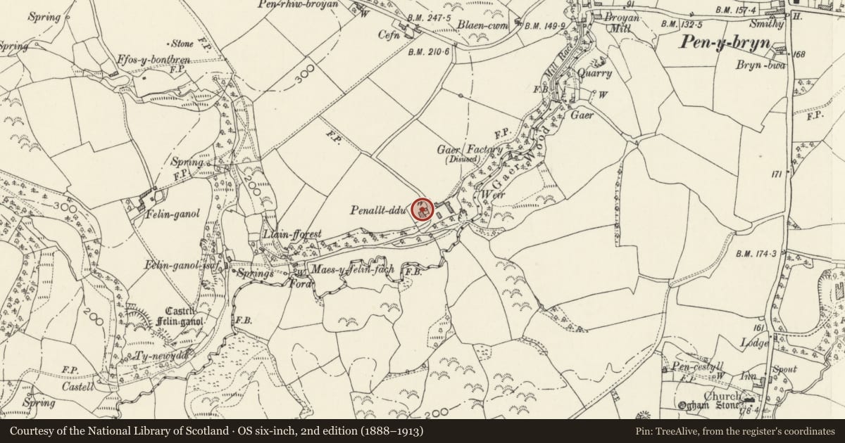 Ordnance Survey six-inch map, 2nd edition (1888–1913) covering the location of Outbuilding to rearof Farmhouse at Penralltddu, Cilgerran, Pembrokeshire, with a pin at the register's coordinates