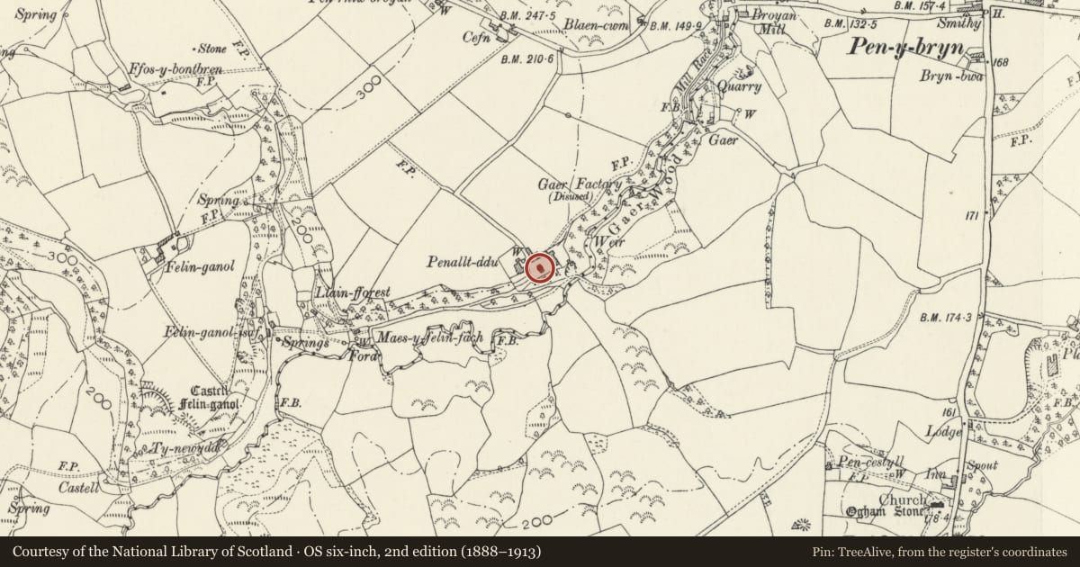 Ordnance Survey six-inch map, 2nd edition (1888–1913) covering the location of Former Farmhouse at Penralltddu, Cilgerran, Pembrokeshire, with a pin at the register's coordinates
