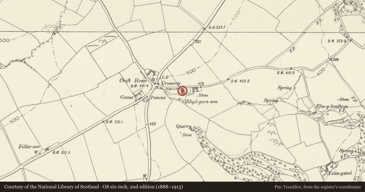 Ordnance Survey six-inch map, 2nd edition (1888–1913) covering the location of Rhydgarnwen, Cilgerran, Pembrokeshire, with a pin at the register's coordinates
