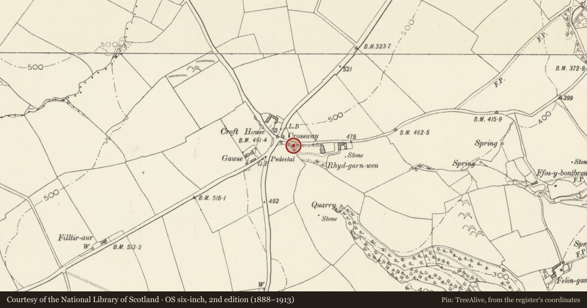 Ordnance Survey six-inch map, 2nd edition (1888–1913) covering the location of Railings and Entrance Gates at drive to Rhydgarnwen, Cilgerran, Pembrokeshire, with a pin at the register's coordinates