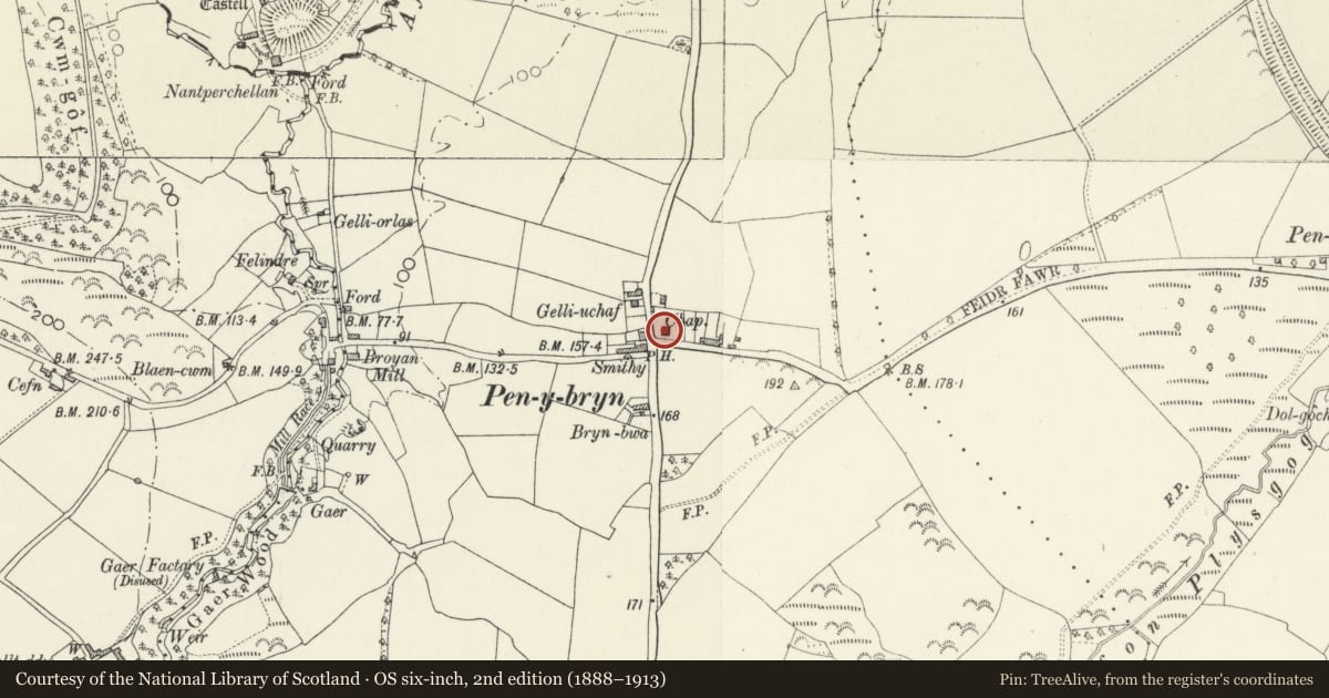 Ordnance Survey six-inch map, 2nd edition (1888–1913) covering the location of Penybryn Baptist Chapel, Cilgerran, Pembrokeshire, with a pin at the register's coordinates