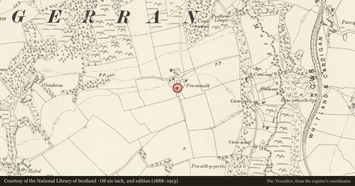 Ordnance Survey six-inch map, 2nd edition (1888–1913) covering the location of Penwenallt, Cilgerran, Pembrokeshire, with a pin at the register's coordinates