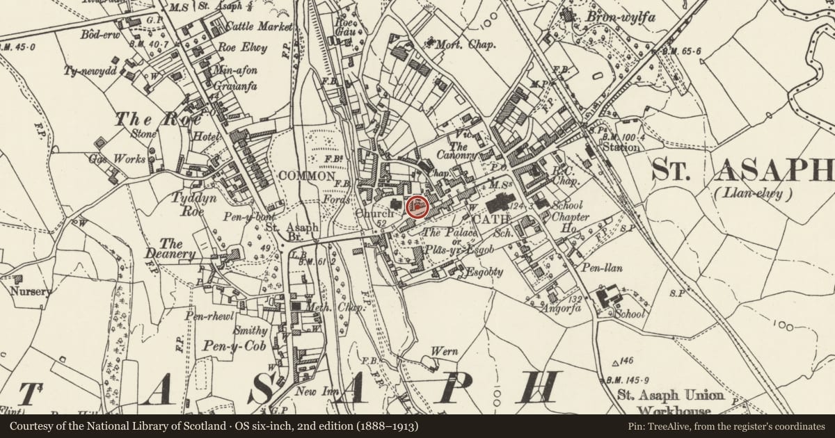 Ordnance Survey six-inch map, 2nd edition (1888–1913) covering the location of 1A High Street, St. Asaph, Denbighshire, with a pin at the register's coordinates