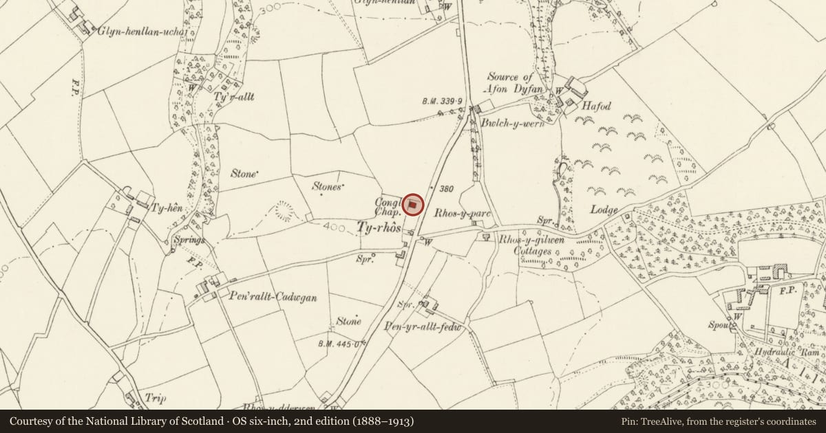 Ordnance Survey six-inch map, 2nd edition (1888–1913) covering the location of Ty Rhos Chapel, Cilgerran, Pembrokeshire, with a pin at the register's coordinates