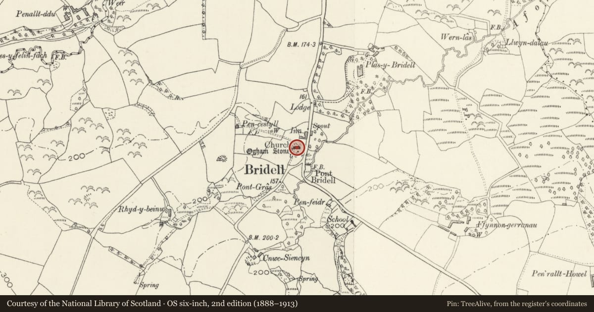 Ordnance Survey six-inch map, 2nd edition (1888–1913) covering the location of Church of Saint David, Cilgerran, Pembrokeshire, with a pin at the register's coordinates