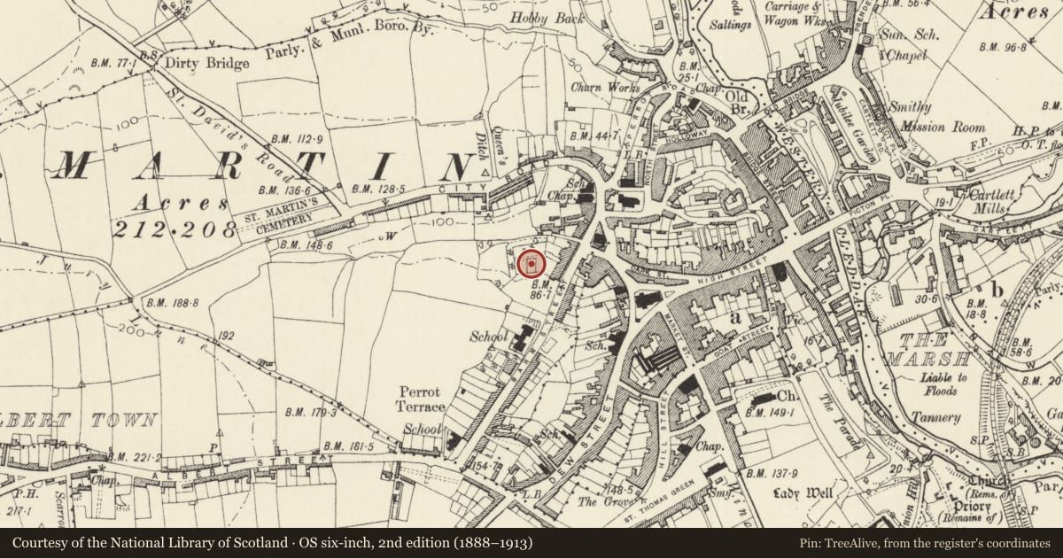 Ordnance Survey six-inch map, 2nd edition (1888–1913) covering the location of Summerhouse to rear of Nos 5-9 Spring Gardens, Haverfordwest, Pembrokeshire, with a pin at the register's coordinates