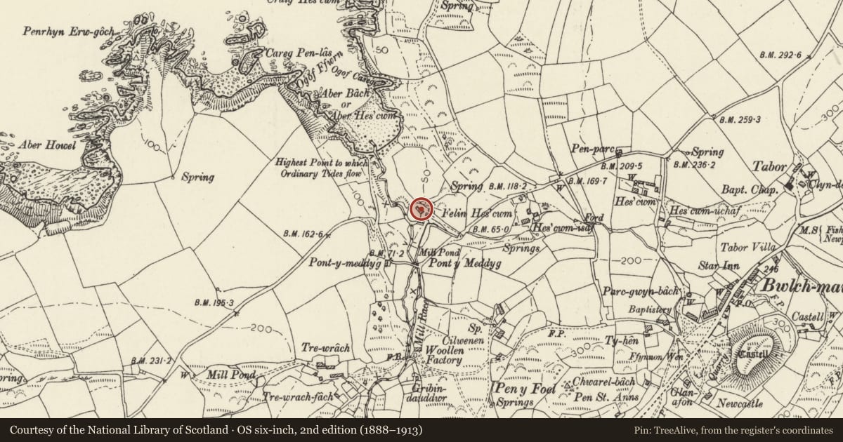 Ordnance Survey six-inch map, 2nd edition (1888–1913) covering the location of Hescwm Mill House, Dinas Cross, Pembrokeshire, with a pin at the register's coordinates