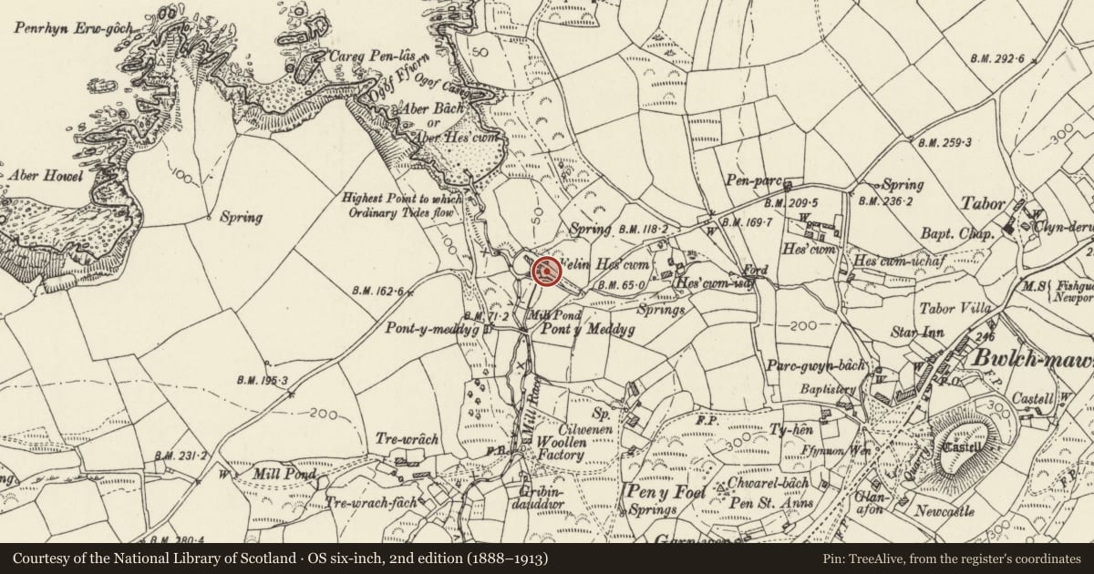 Ordnance Survey six-inch map, 2nd edition (1888–1913) covering the location of Pigsty at Hescwm Mill/Felin Hescwm, Dinas Cross, Pembrokeshire, with a pin at the register's coordinates