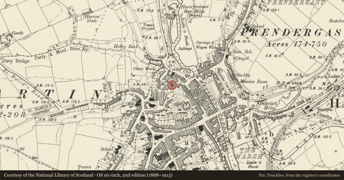 Ordnance Survey six-inch map, 2nd edition (1888–1913) covering the location of No. 9 Gloucester Terrace, Haverfordwest, Pembrokeshire, with a pin at the register's coordinates