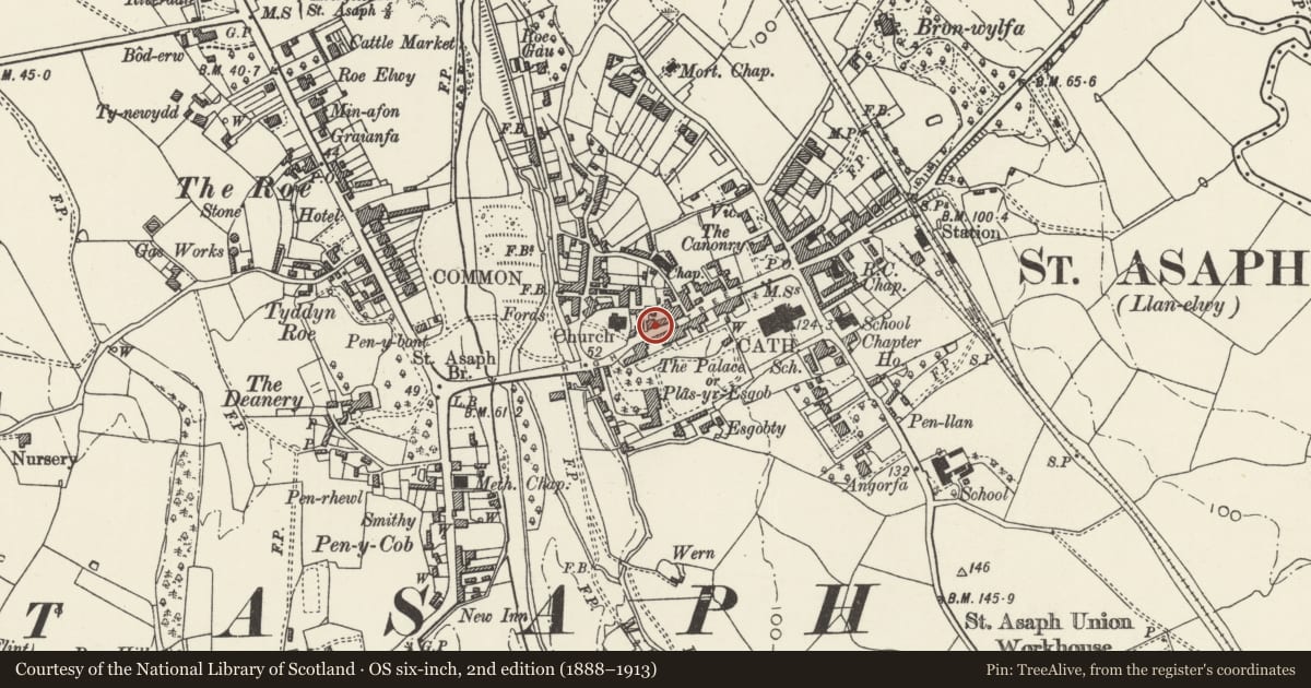 Ordnance Survey six-inch map, 2nd edition (1888–1913) covering the location of Including Yu's Chinese, St. Asaph, Denbighshire, with a pin at the register's coordinates